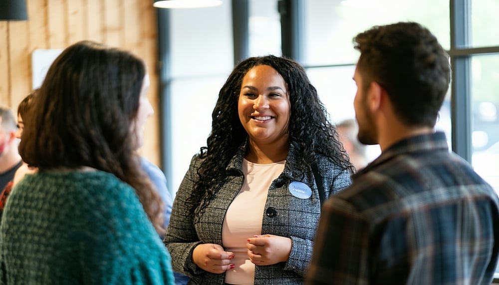 People meeting and talking at a Roommate Mingle event People meeting and talking at a Roommate Mingle event