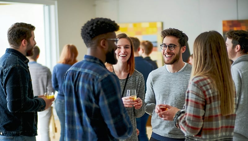 People meeting and talking at a Roommate Mingle event People meeting and talking at a Roommate Mingle event